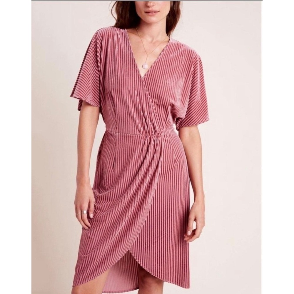 Anthropologie Sunday in Brooklyn Ribbed Surplice Midi Dress Sz L Mauve V-Neck